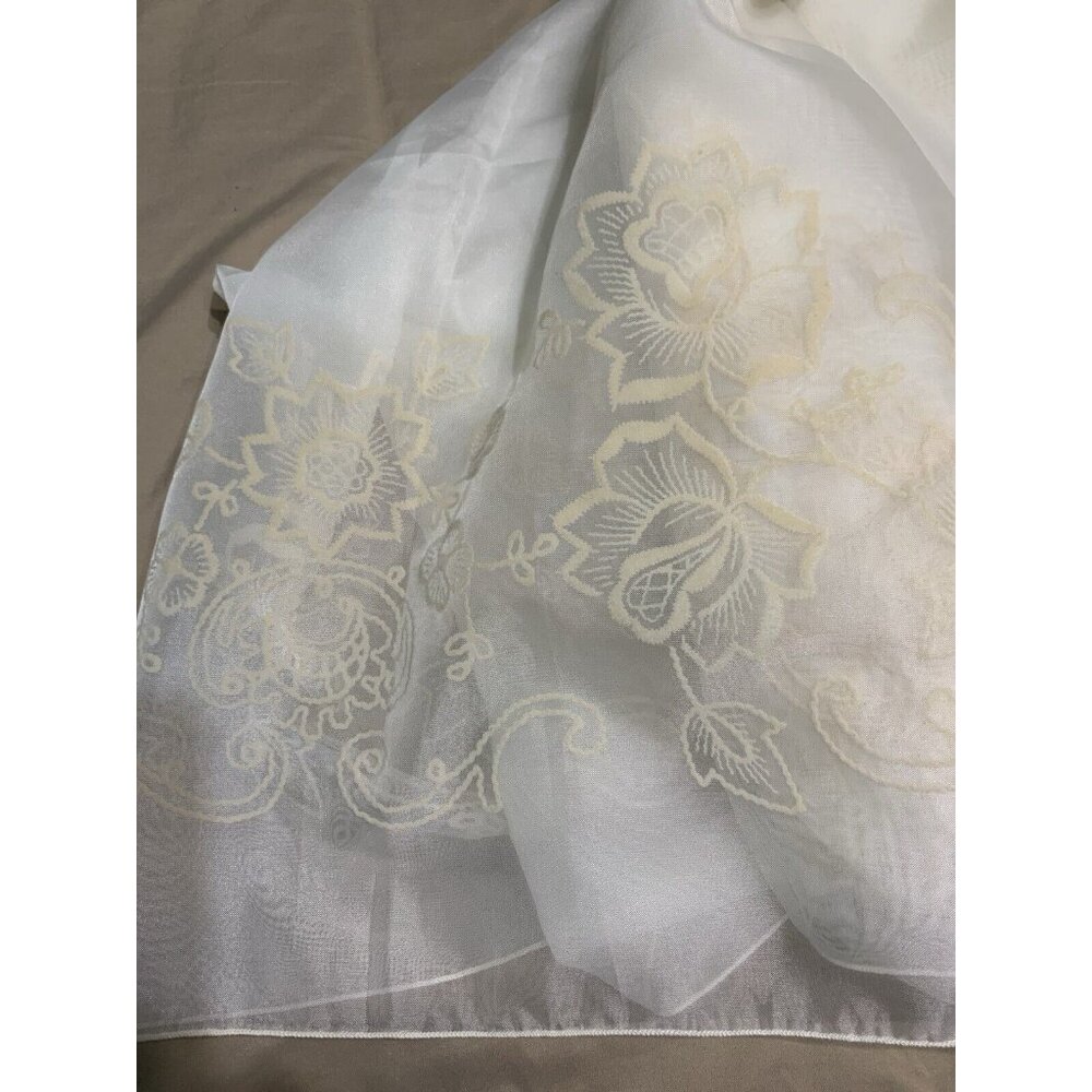 Tablecloth 83" x 58" Oval Cream Sheer Embroidered Flowers Cottagecore